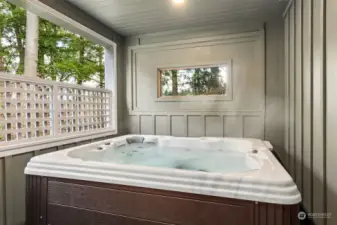 Don’t forget the hot tub too! Covered and private, with wooded views and protection from the elements.