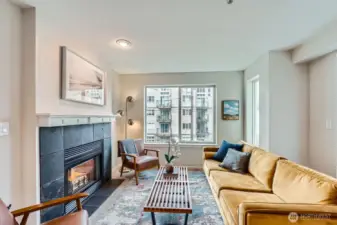 Large western facing windows, new plush carpet, paint, and cozy gas fireplace