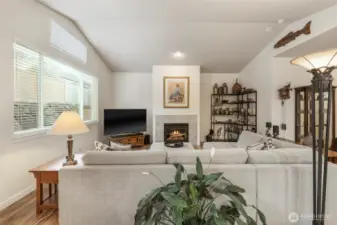 Great room style with living area next to dining and kitchen.