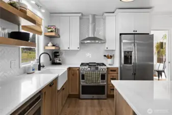 New quartz counters, tiled backsplash, floating shelves!