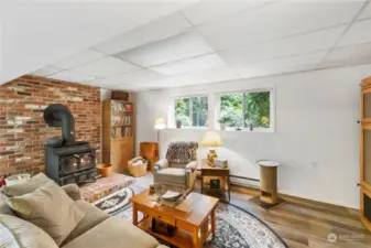 Lower Level Living space with free standing wood burning stove.  Light and bright and very cozy and comfortable.