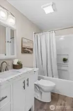 Fully updated hall bath off the kitchen/dining offers thoughtful updates such as new shower insert, vanity and lighting.