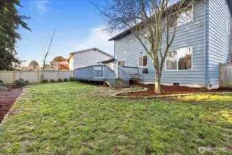 Fully fenced backyard. Enjoy a large entertaining deck (approximately 360 sqft) and a new fence which was completed in 2023.