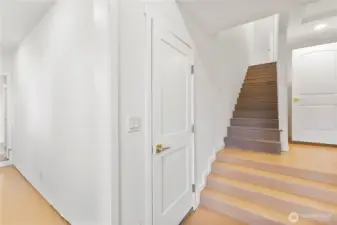 This is the path upstairs to the primary bedroom from the kitchen on the right and a back door.