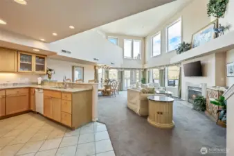 Two-story greatroom with all the lake views from downtown Chelan the the world's great uplake sunset views, walls of windows, gas fireplace and main floor patio!