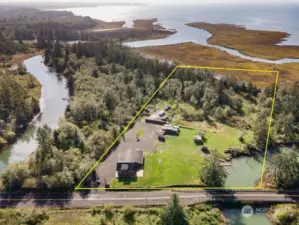 133 Burrows Rd.  is approx. 5 acres of private property surrounded by GH Audabon Society preserve and WA State Dept. of Game land with access to the open water of the bay from this property's frontage ownership on Cambell  Slough (pictures within the yellow outline. The body of water to the left is where the world famous Humptulips River meets the Bay. Humptulips River is world famous for world class salmon fishing and wilderness exploring via river boat or kayak. The property has nicely established trails leading to the bay frontage which not only provides amazing views of the bay and across to Ocean Shores but indescribably beautiful sunsets. Oysters, crabs, clams, saltwater and freshwater fish upstream! The bayside frontage of this property has been historically used as well for hunting foul and deer are everywhere! Now this is a piece of land you can feed yourself from. Gardening space galore and full sun! Plenty of space for greenhouse(s)! Private well house !