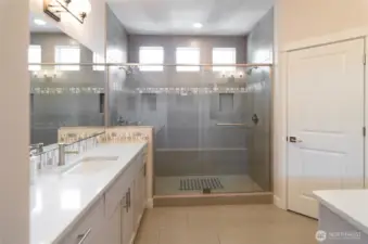 Floor to ceiling tiled shower