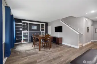 Cozy gas fireplace and built-ins.