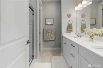 Luxurious Primary Bath – Features dual-sink vanity with quartz counters, designer lighting, and a walk-in shower with sleek tile surround.