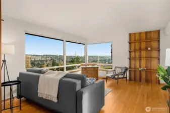 Corner picture windows showcase Mt Rainier