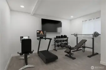 Versatile lower-level bonus room with closet -- adaptable for home office, gym, hobby space or small business setup. Virtually staged for inspiration.