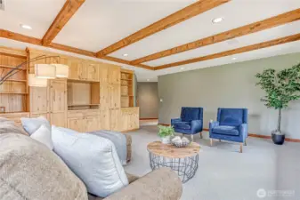 Family Room with wood beams