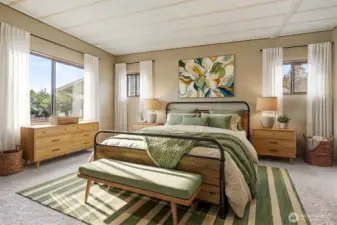 Master bedroom suite with a double walk in closet and 5 piece bathroom overlooks the lake.  Virtually staged photo