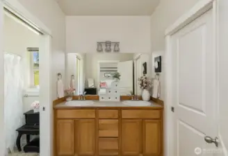 The primary bath offers dual sinks, a separate tub & toilet area, plus direct access to the spacious walk-in closet.