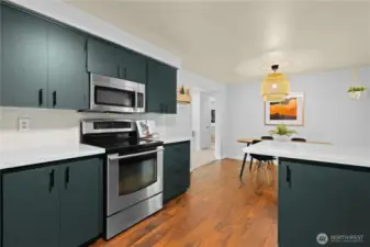 Color drenched cabinets + white quartz countertops
