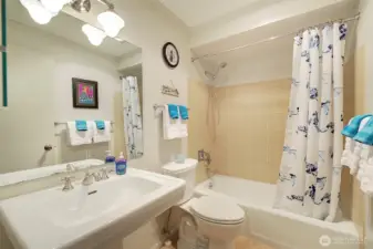 Second bathroom has a tub and new toilet.