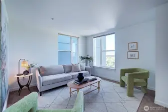 Spacious living room with west facing views.