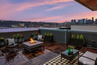 Expansive roof deck with 8 planters and firepit.