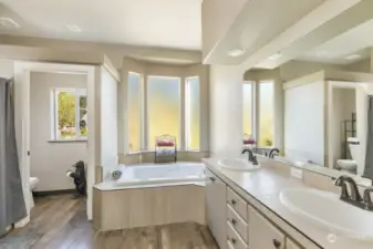 Truly a spa-like primary bath complete with plenty of storage, new countertops, and a large soaking tub.