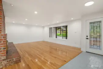 The flagstone floor on the entry mimics the leaded glass door that gives a nod to Frank Lloyd Wright style.