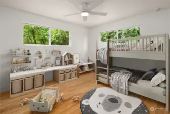 On the main floor you’ll find 4 different bedroom options including this “treehouse-style-view” space with contemporary ceiling fan and accent focus lights over the one window, perfect for a desk setup too.