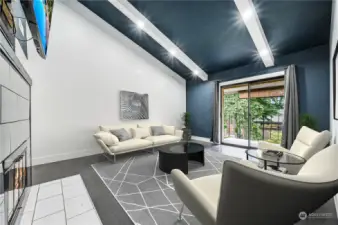 Virtually staged living room showing deck