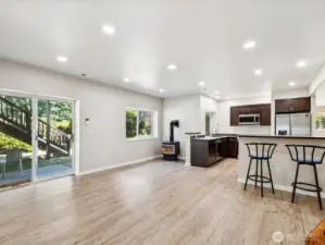 Lower level entry.  New LVP flooring and a fireplace and high ceilings.