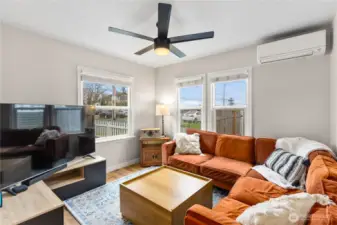 Ceiling fan and ductless mini-split for year round comfort.