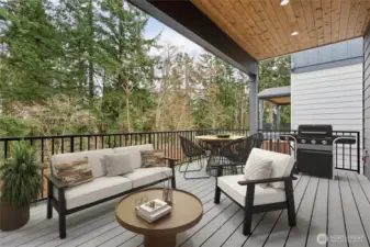 Main floor deck off kitchen overlooks verdant greenbelt.