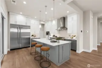 Actual kitchen of Darlington plan lot 3 - Virtual staging.  All appliances included! Sleek and modern entertaining space!
