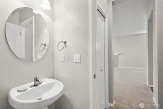 Back inside and adjacent to the living space is your 1/2 bath with linen closet.
