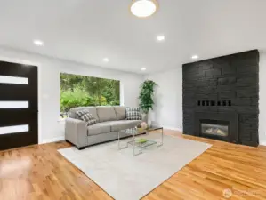 Large living room with gas fireplace.