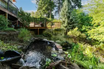 Tranquil backyard water feature with streams running through two natural ponds, creating a private oasis.