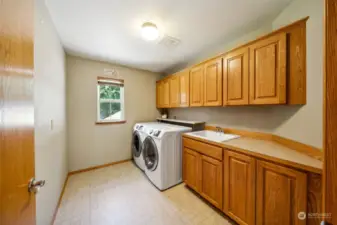Very large upstairs laundry room- deep sink, folding area, LOTS of cabinet storage + possibly room for armoire or chest of drawers? No more carrying laundry downstairs!