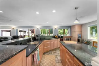 Kitchen with wolf stove top, down draft fan, Bosch dishwasher and Bosch double oven