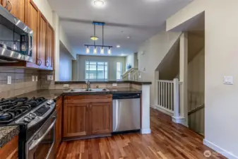 Pendant light over the eating bar for changing the mood.
