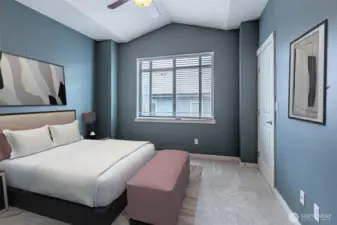 Vaulted ceilings in the Primary Suite.  Private Full Bath & Two Closets!  (Virtually Staged)