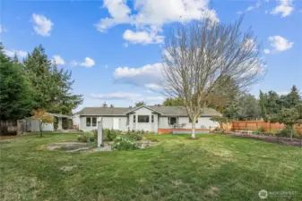 Backyard and back of the home.The property is graced with cherry, apple, and loganberry trees, along with a variety of mature trees and foliage, creating a peaceful and picturesque retreat you’ll be proud to call home.