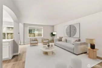 The living space with light soothing colors is a perfect blend of comfort, tranquility and functionality. New vinyl living room window. (Virtual Staging)