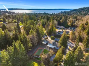 Aerial view of the house and grounds with Puget Sound in the background.