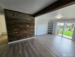 Reclaimed wood feature wall, with beautiful beam.
