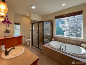 En suite bathroom with soaking tub and separate shower.
