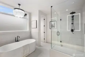 Primary bath shower and soaker tub