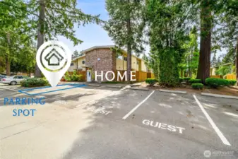 The unit comes with three parking spaces, one assigned right in front of the unit. There are plenty of guest parking spots right next to it.
