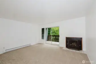 Wood burning fireplace in living room