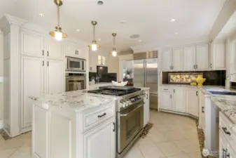 Kitchen island with Dacor gas stove and oven