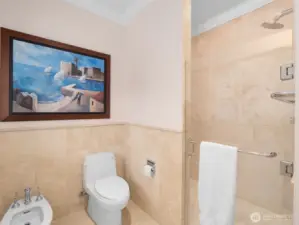 Primary bath with large stone walk-in shower
