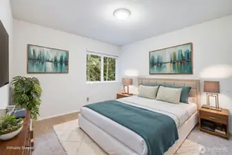 The third upper-level bedroom is quietly positioned toward the back of the house, offering peaceful views of the private backyard. It's an ideal space for a quiet teen retreat or a dedicated upstairs office.