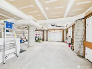 View inside the garage.  One can see the pillars on which