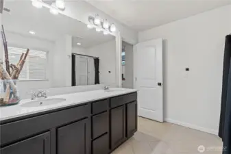 Primary bath with double vanity and granite counters